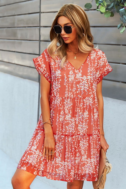 Printed V-Neck Short Sleeve Tiered Casual Dress