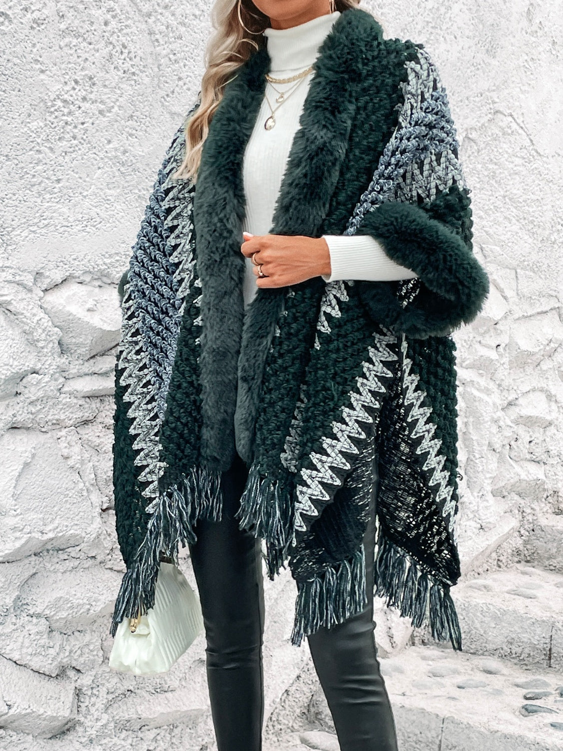 Striped Fringe Hem Poncho Sweater