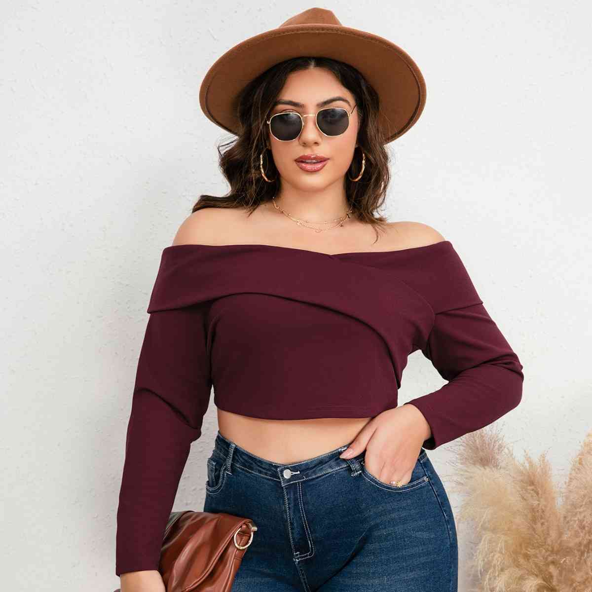 Plus Size Off-Shoulder Long Sleeve Cropped Top Wine CATHSNNA clothes Ship From Overseas