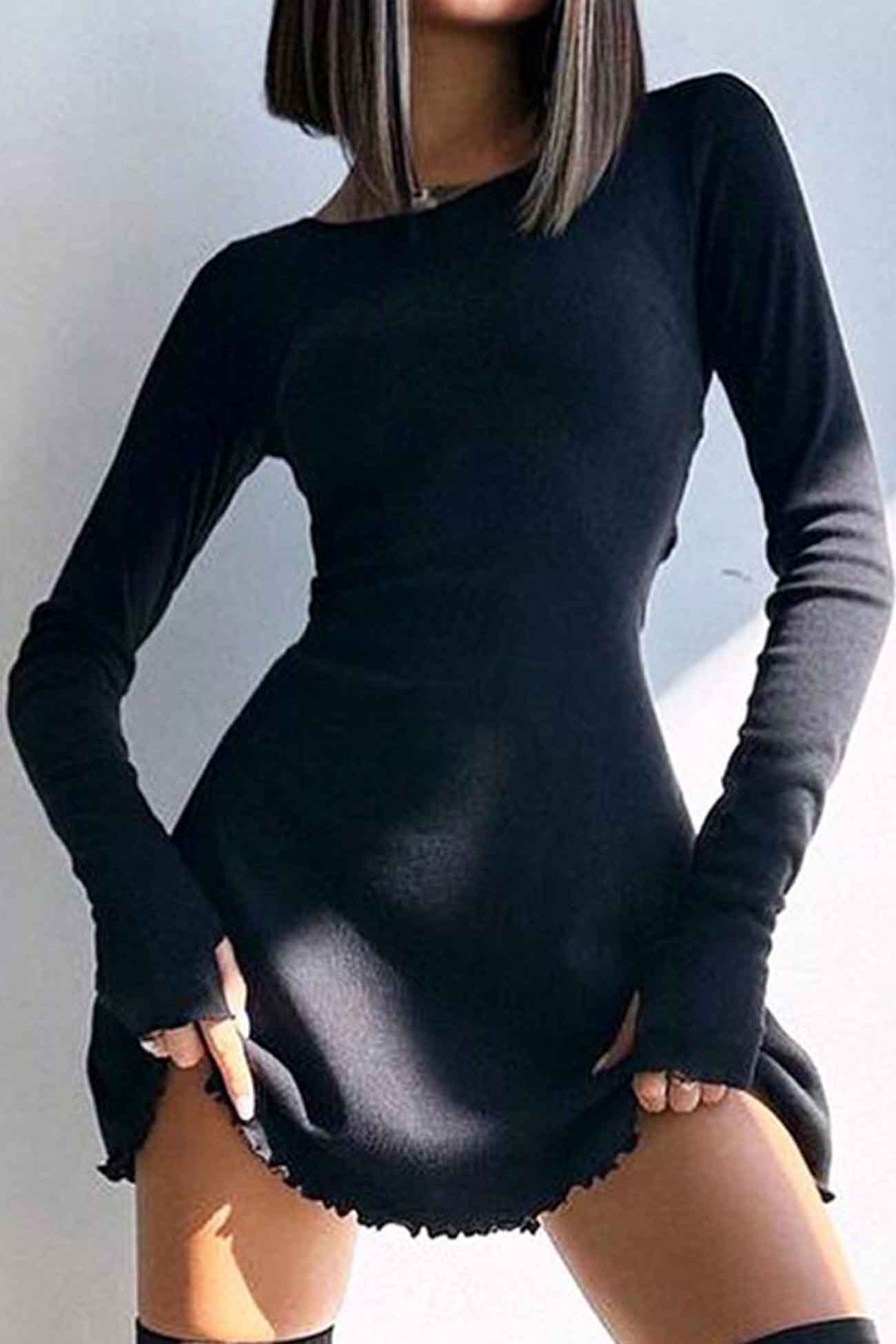 Crew Neck Back Strap Long Sleeve Mini Dress