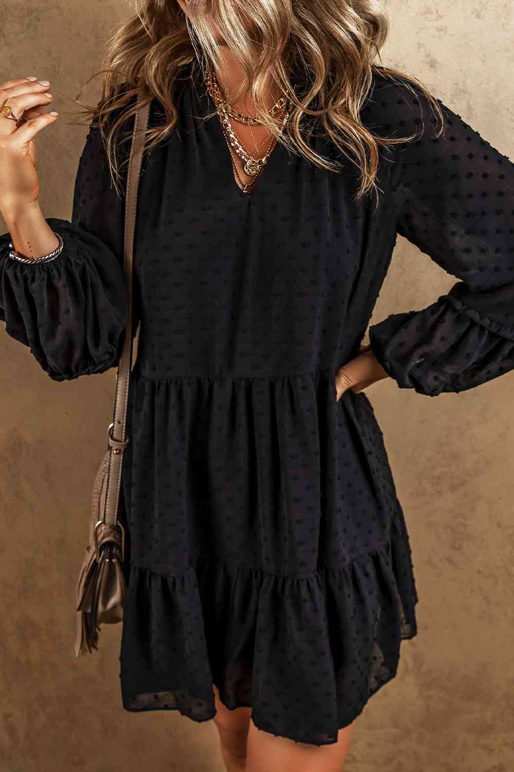 Swiss Dot V-Neck Ruffle Trim Mini Tiered Long Sleeve Dress