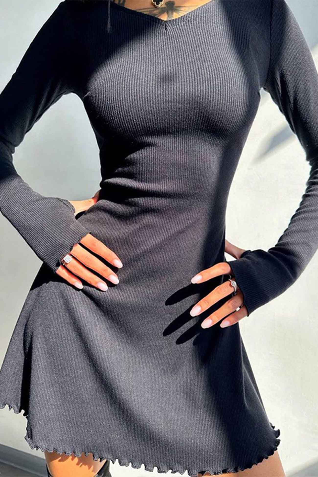 Crew Neck Back Strap Long Sleeve Mini Dress