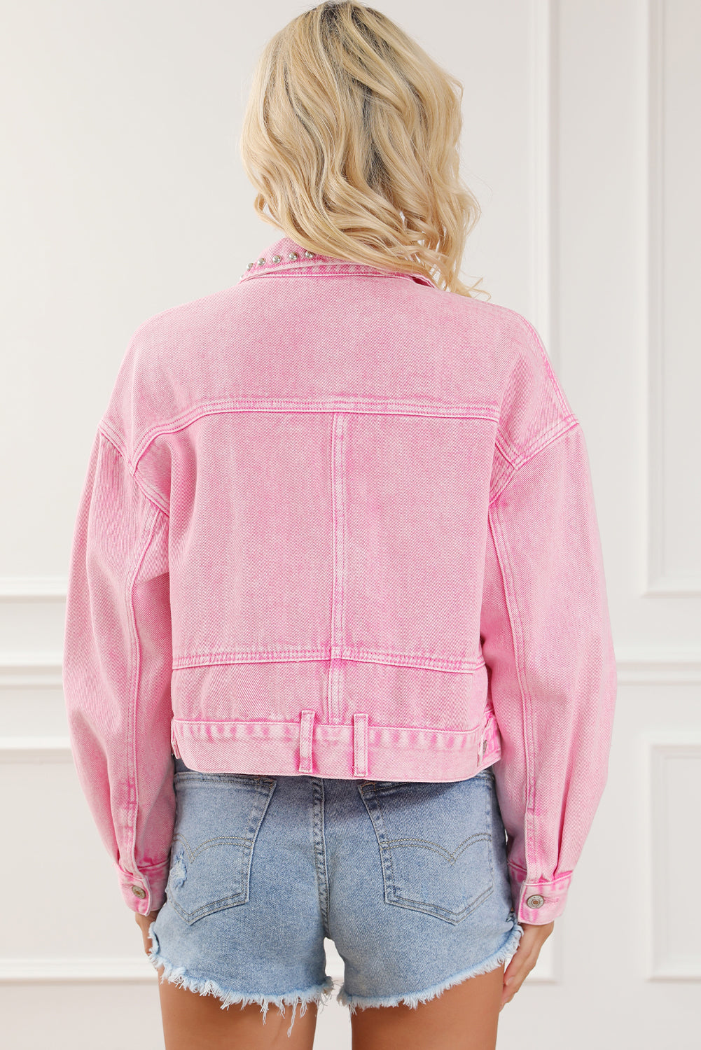 Pink Rivet Studded Pocketed Pink Denim Jacket