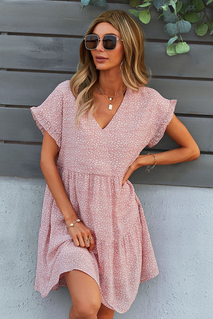 Printed V-Neck Short Sleeve Tiered Casual Dress