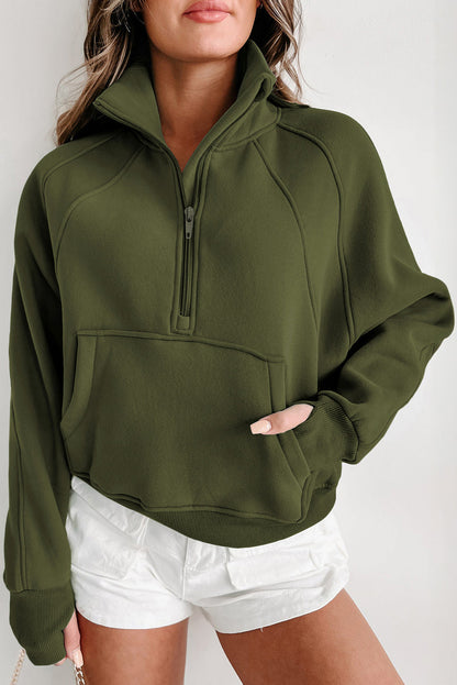 Green Zip Up Stand Collar Ribbed Thumbhole Sleeve Sweatshirt Green 50%Polyester+50%Cotton clothes Craft Patchwork Fall To Winter Occasion Daily Outerwear Print Solid Color Season Fall & Autumn Style Casual Sweater sweaters