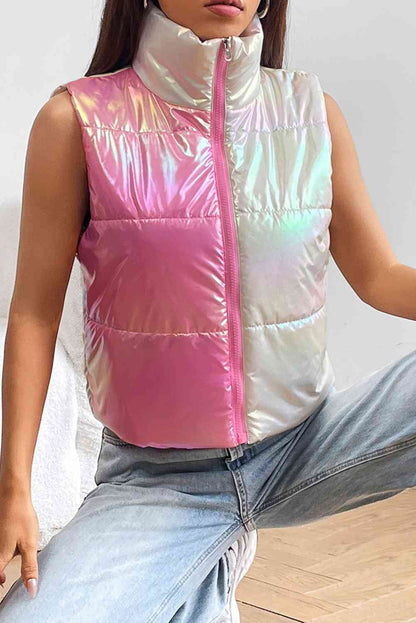 Turtleneck Color Block Pink Chrome Sleeveless Vest