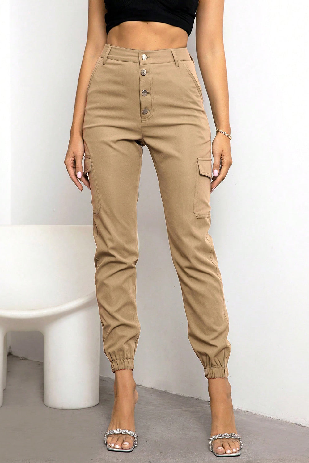 Button Fly Cargo Pants Tan bottoms clothes pants Ringing-N Ship From Overseas