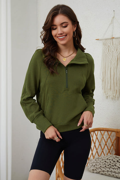 Green Zip Up Stand Collar Ribbed Thumbhole Sleeve Sweatshirt