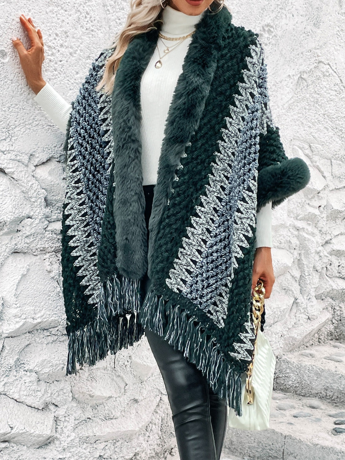 Striped Fringe Hem Poncho Sweater