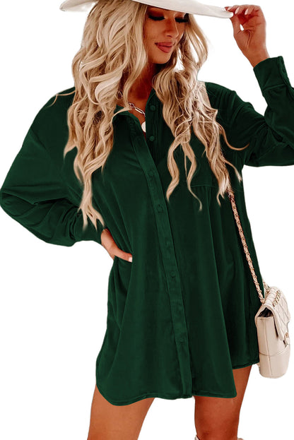 Blackish Green Velvet Button Front Shirt Long Sleeve Casual Mini Dress