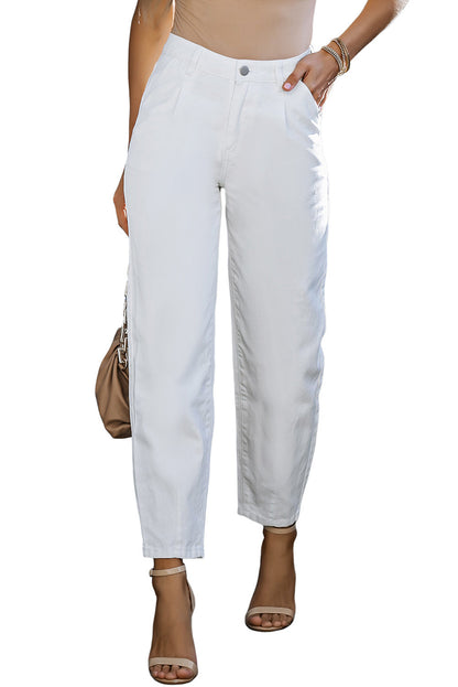 White Solid High Waist Casual Pants