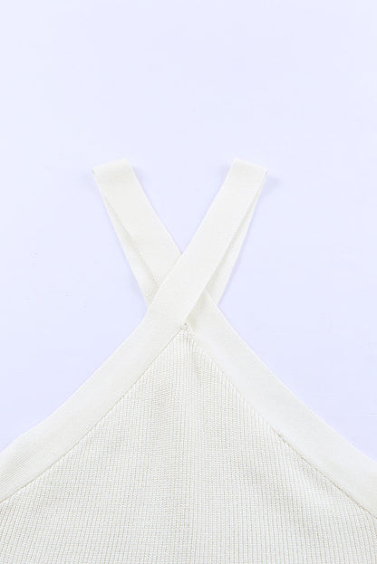 White Ribbed Knit Criss Cross Halter Neck Tank Top