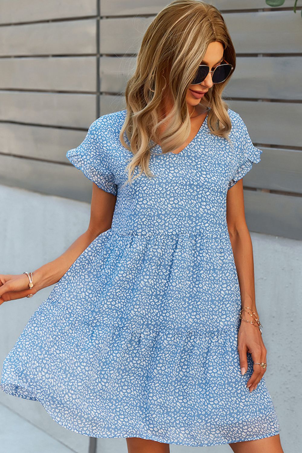 Printed V-Neck Short Sleeve Tiered Casual Dress