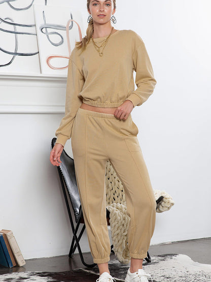 Round Neck Long Sleeve Cropped Top and Pants Set Beige clothes Ship From Overseas SYNZ trend