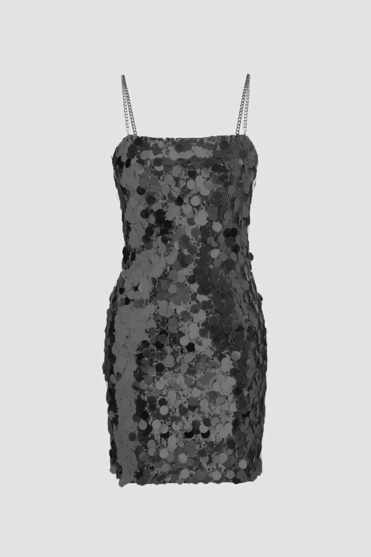 Solid Sequin Sleeveless Chain Mini Dress