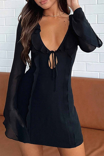 Ruffled Long Sleeved Lace Up Mini Dress