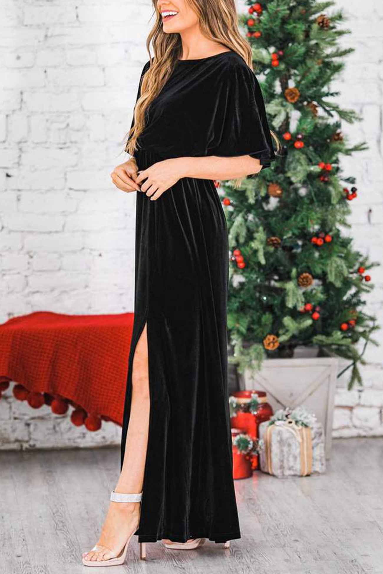 Velvet Crew Neck High Slit Midi Dress