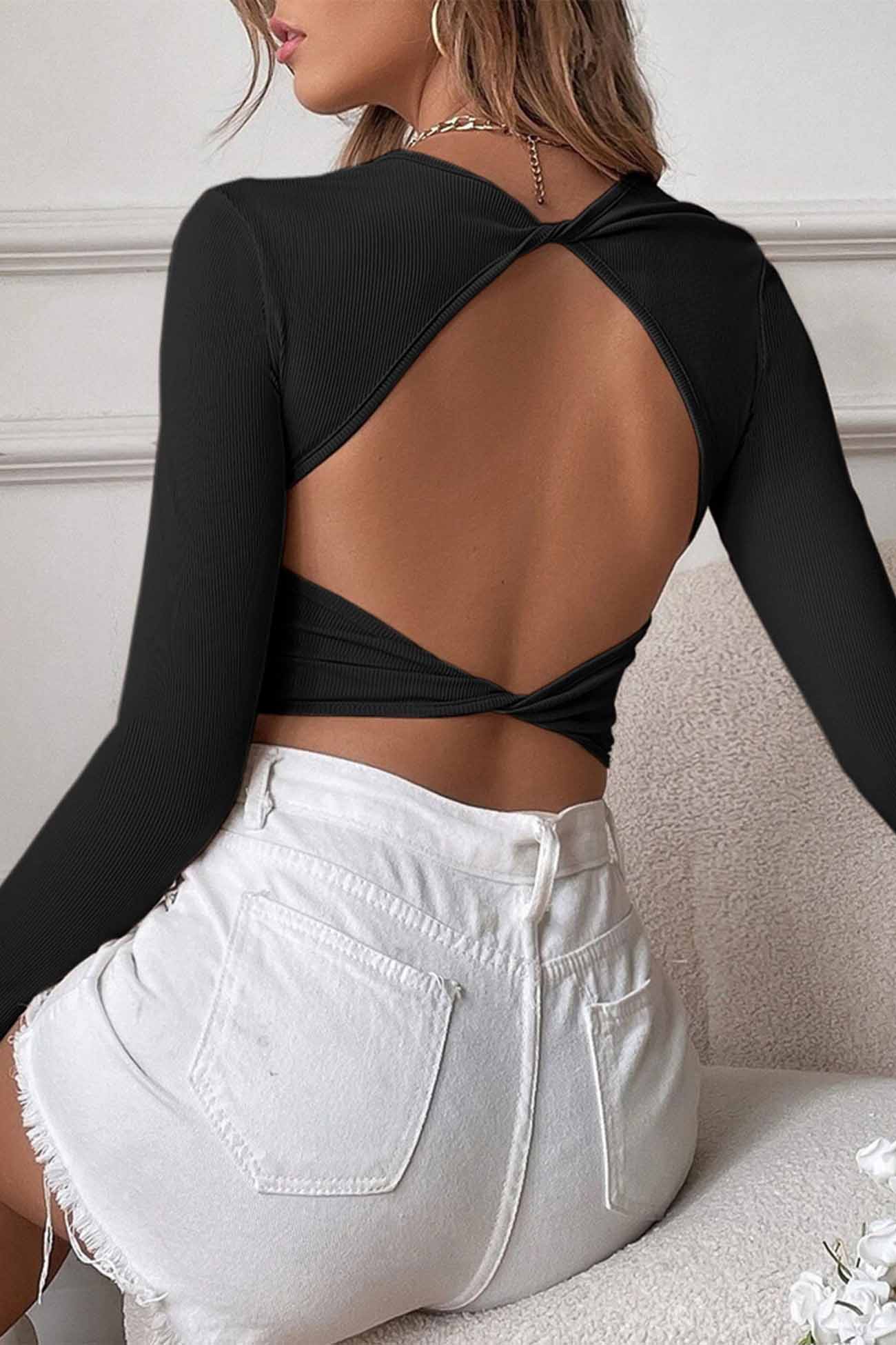 Solid Backless Twist Long Sleeve Tops