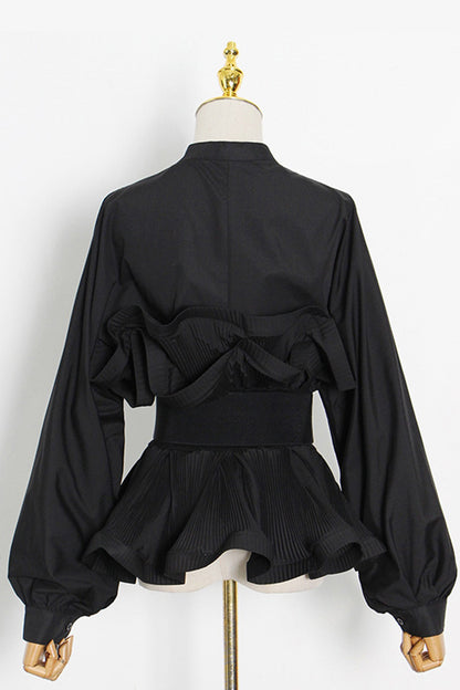 Ruched Ruffle Belt Long Sleeve Blouse