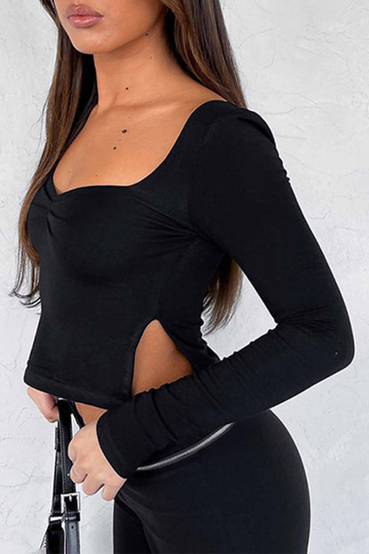 Square Neck Slit Long Sleeve Tops