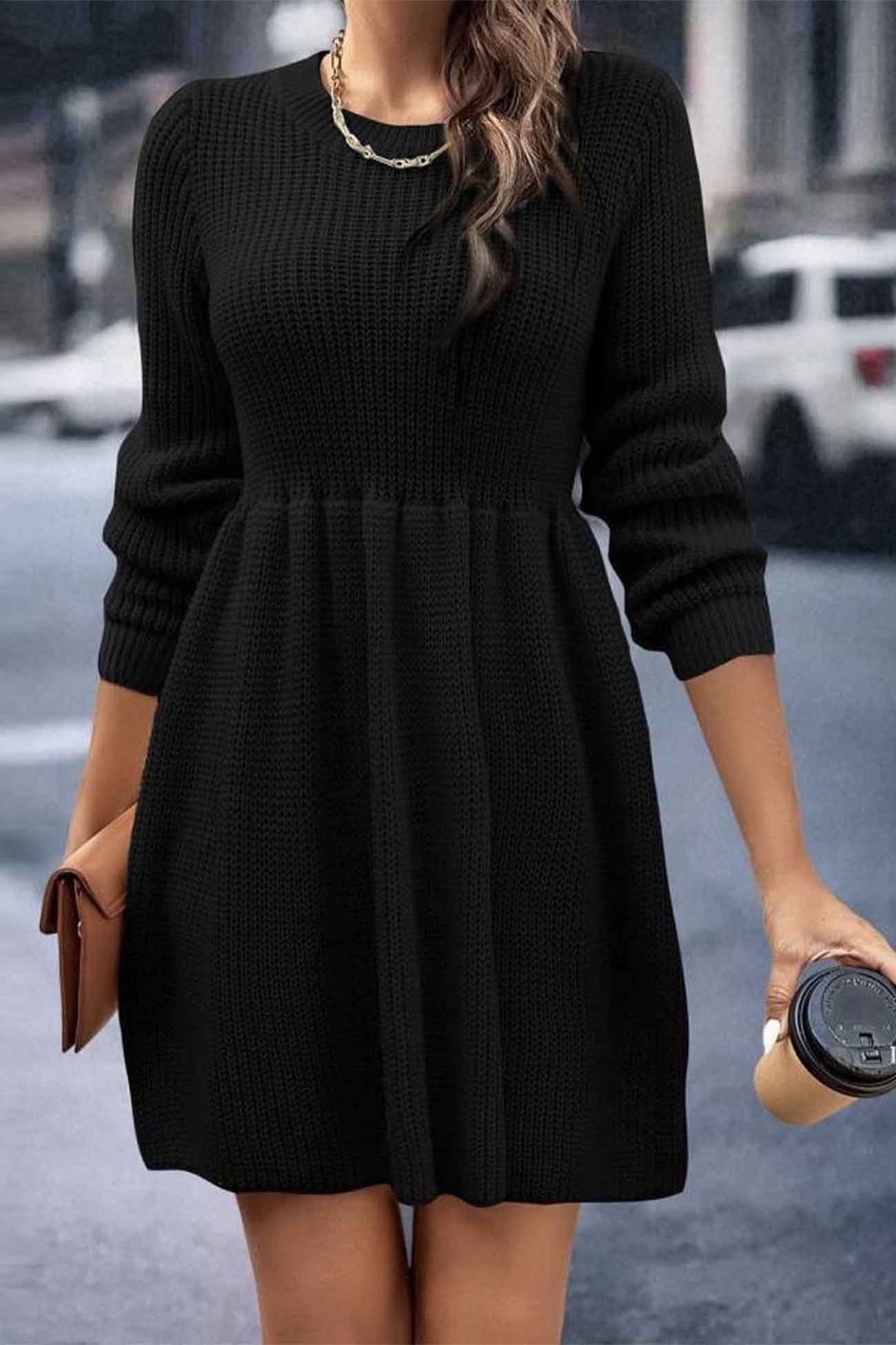 Solid Color Shirring Long Sleeve Knitted Dress