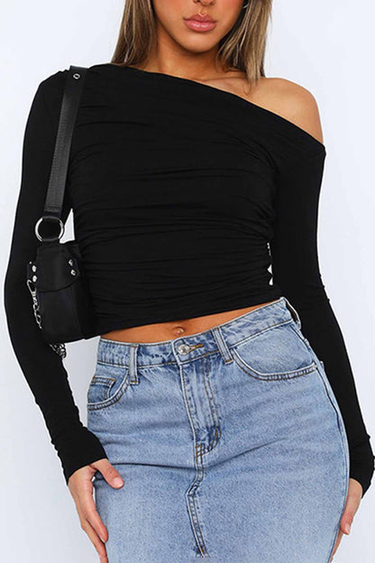 One Shoulder Long Sleeve Pleated Tops