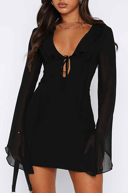 Ruffled Long Sleeved Lace Up Mini Dress