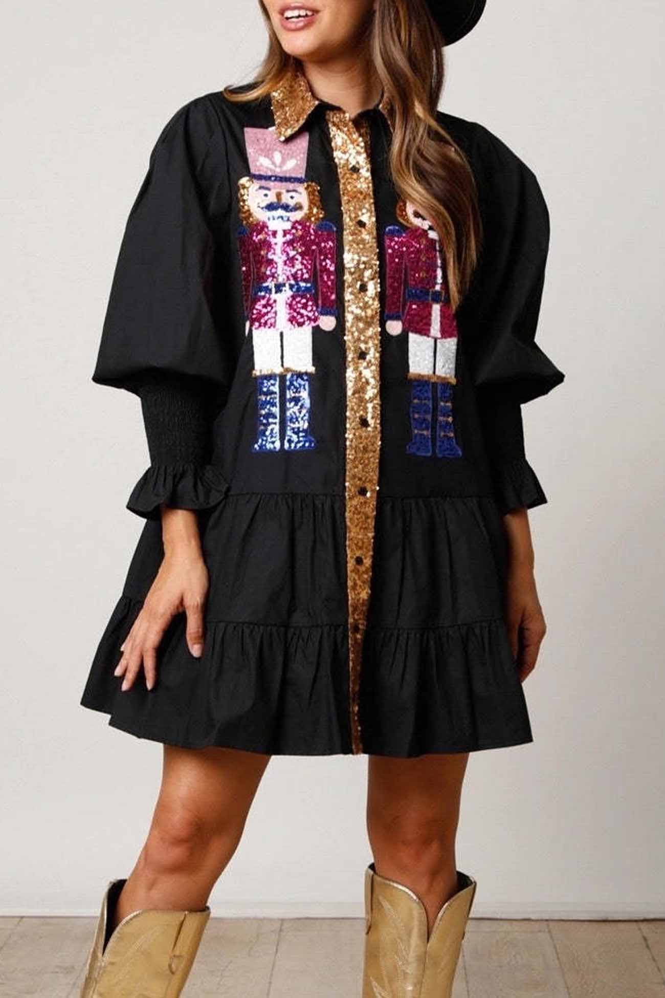 Lapel Button Up Sequin Tiered Mini Dress