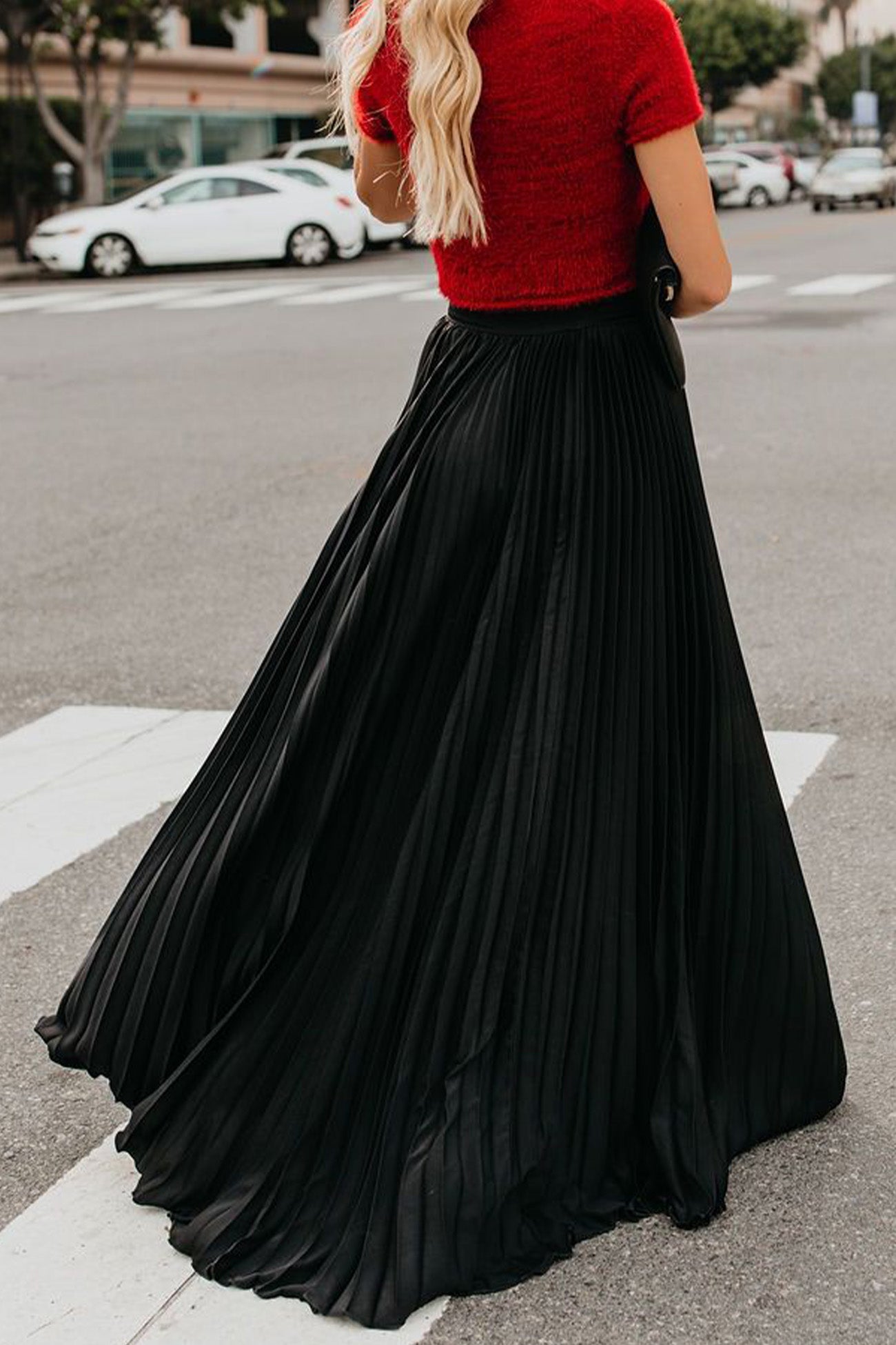 Solid Color High Waist Pleated Maxi Skirt