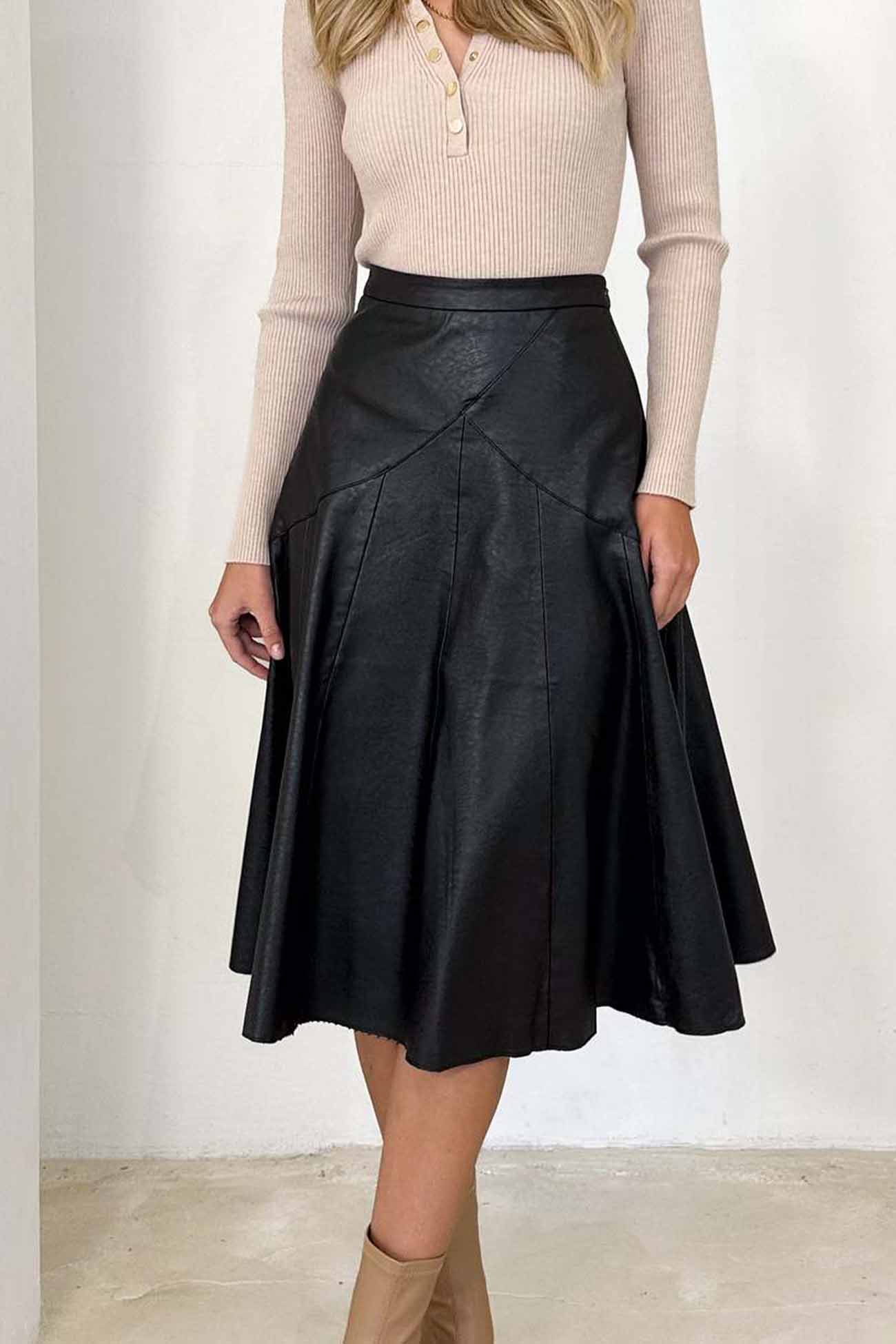 Leather High Waist Pleated Midi Skirt