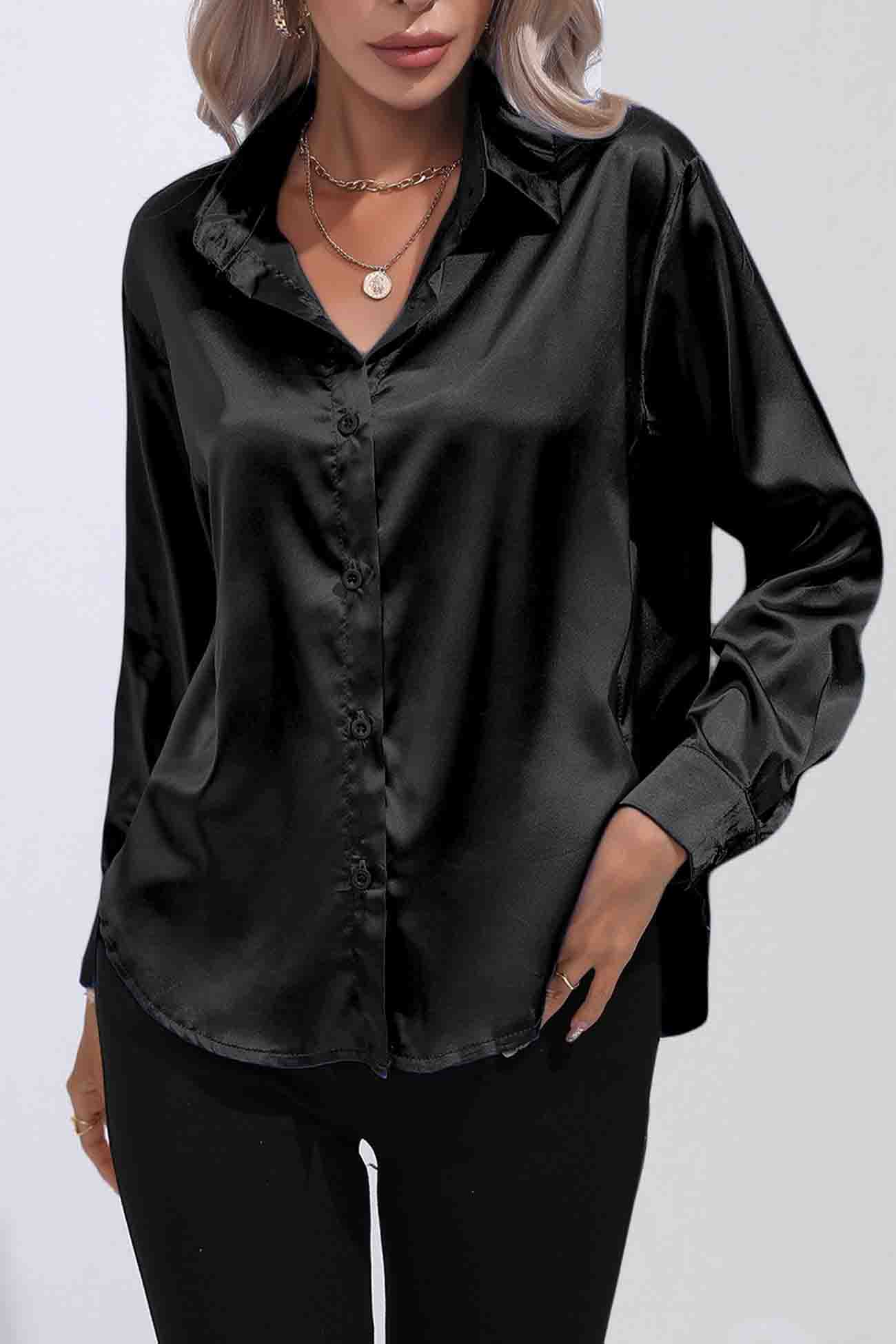 Lapel Satin Button Up Blouse