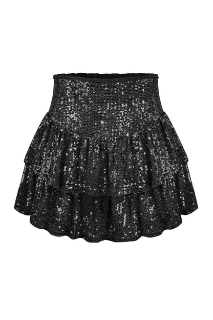 Solid Sequined Pleated Tiered Mini Skirt