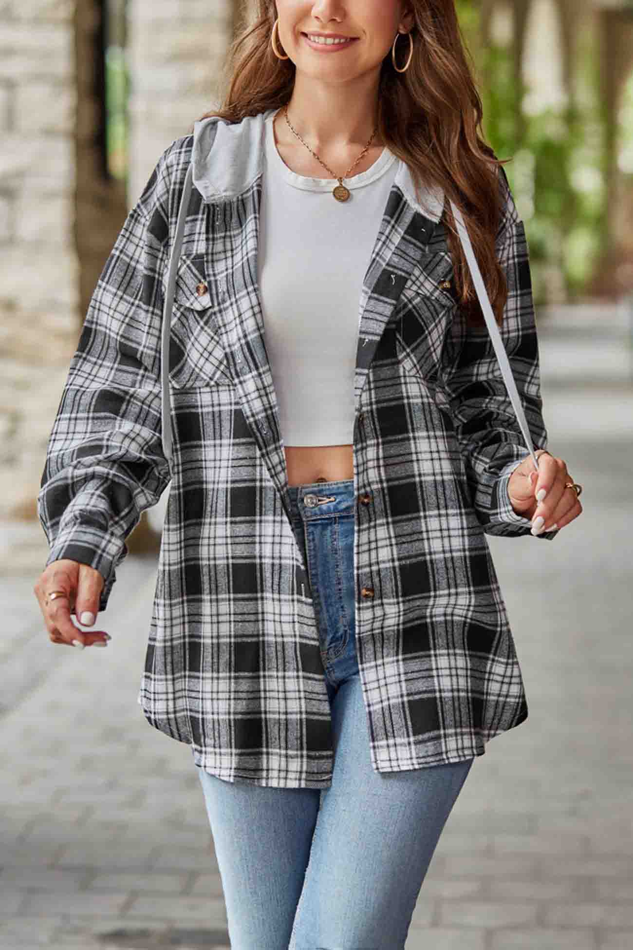 Hooded Plaid Button Up Blouse