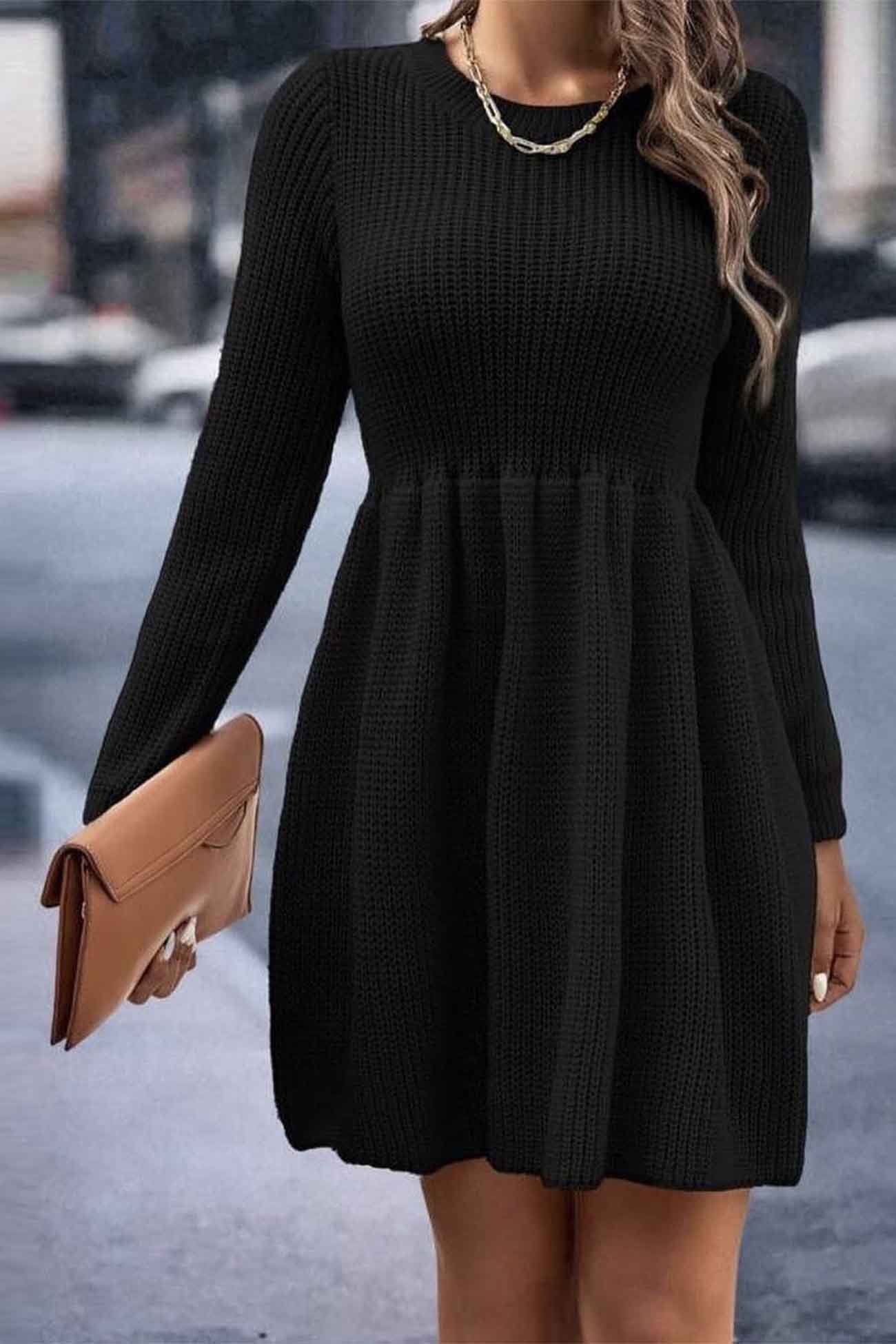 Solid Color Shirring Long Sleeve Knitted Dress