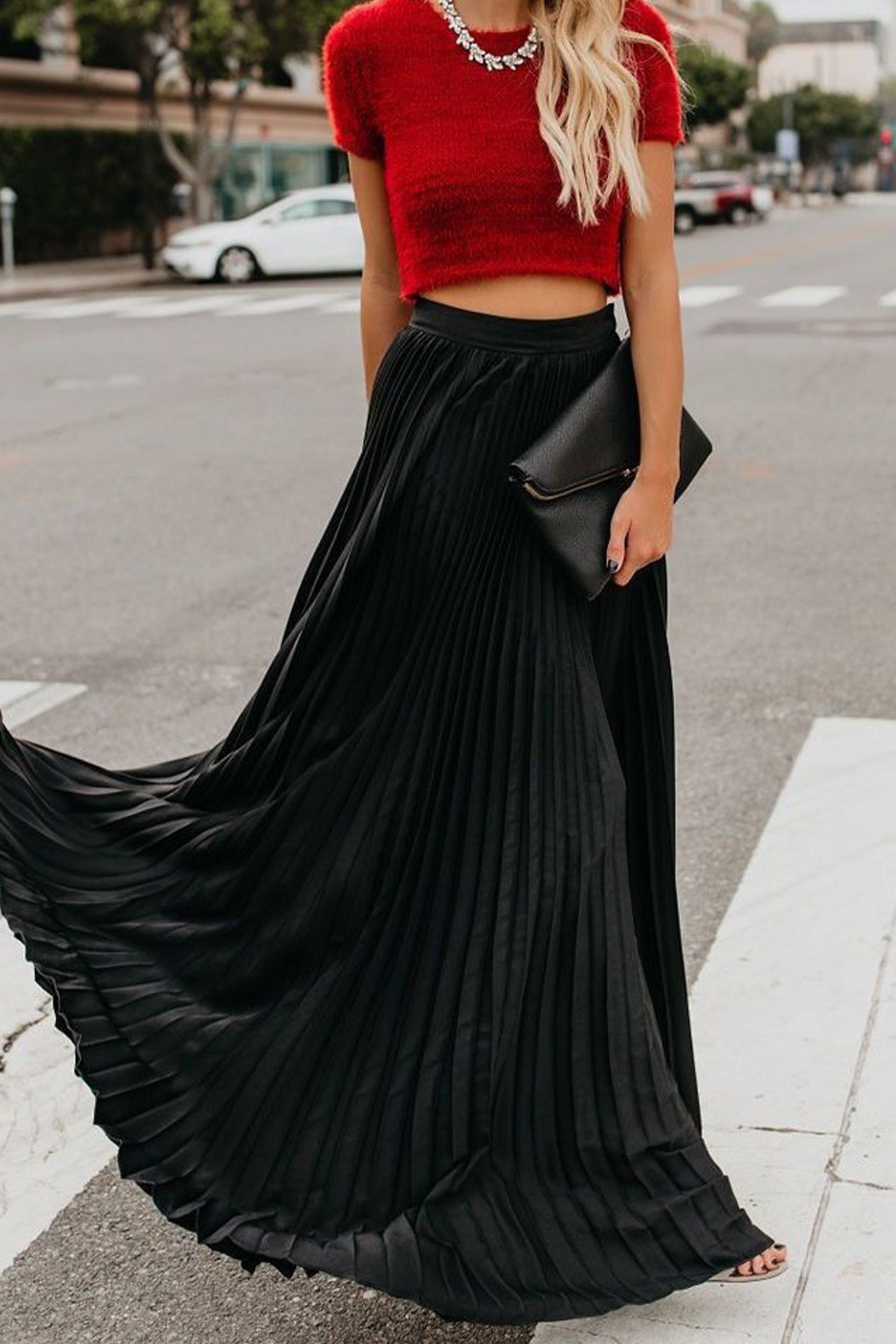 Solid Color High Waist Pleated Maxi Skirt