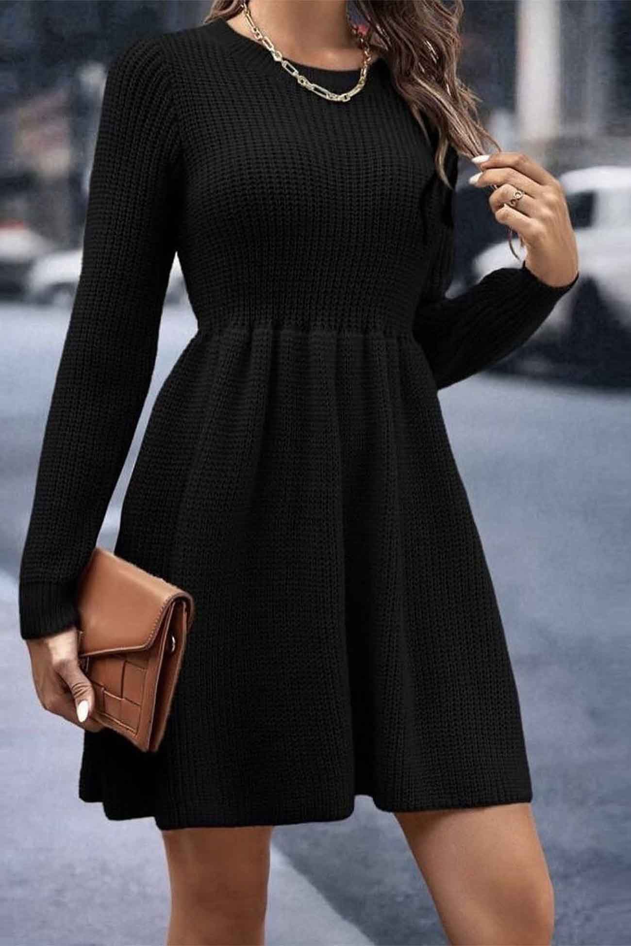 Solid Color Shirring Long Sleeve Knitted Dress