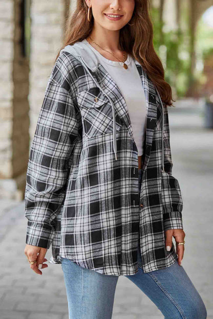 Hooded Plaid Button Up Blouse