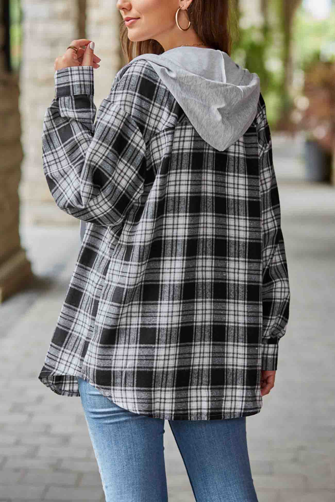 Hooded Plaid Button Up Blouse