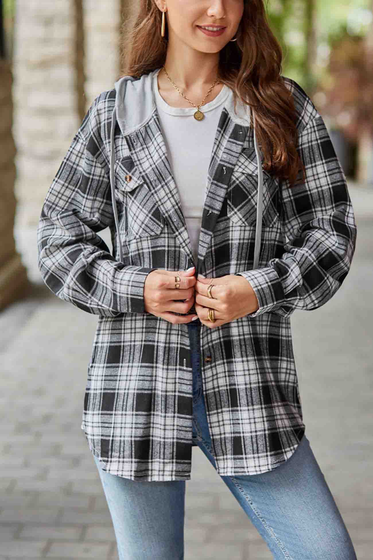 Hooded Plaid Button Up Blouse