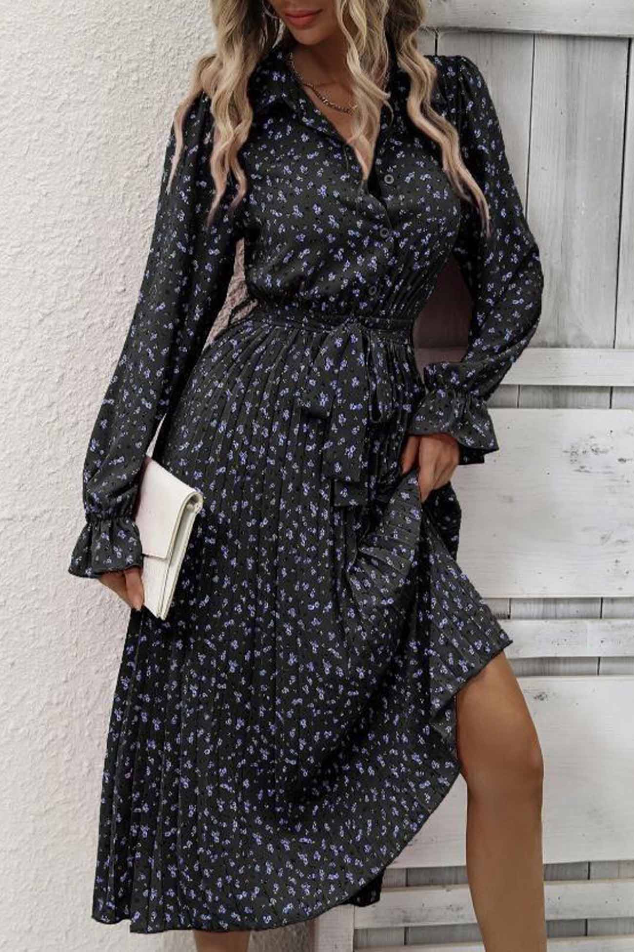 Floral Tie Wasit Long Sleeve Pleated Midi Dress