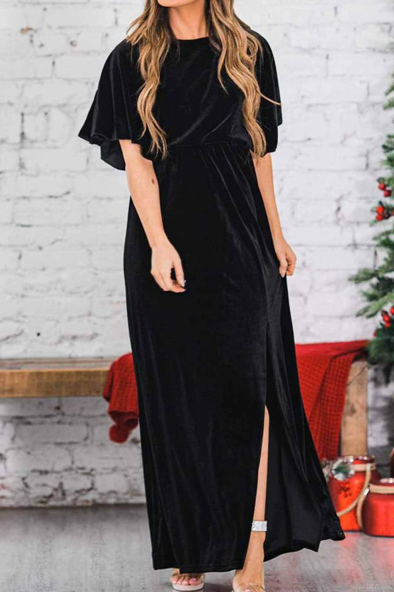 Velvet Crew Neck High Slit Midi Dress