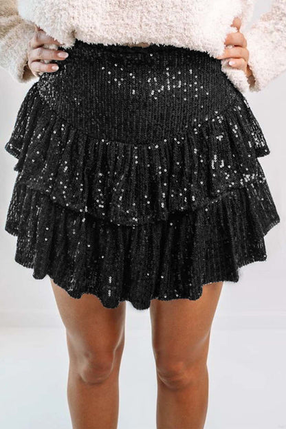 Solid Sequined Pleated Tiered Mini Skirt