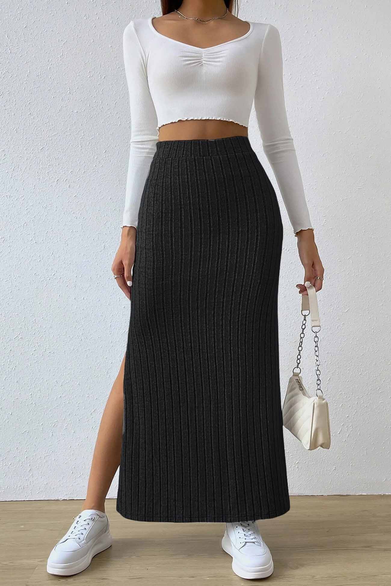 Solid Color Slit Knitted Skirt