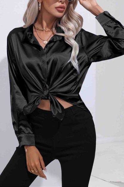 Lapel Satin Button Up Blouse