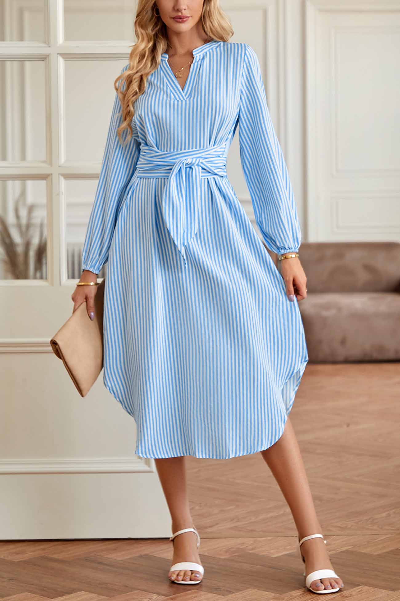 V Neck Striped Tie Waist Long Sleeve Midi Dress