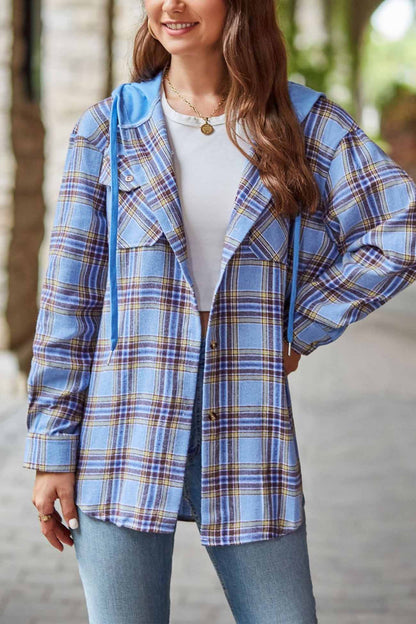 Hooded Plaid Button Up Blouse