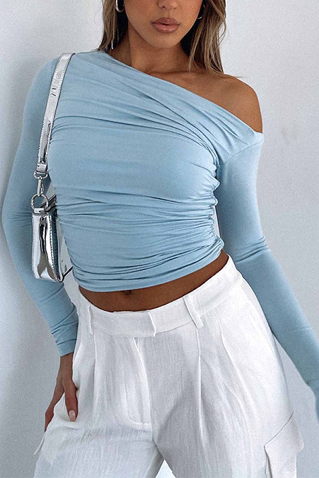 One Shoulder Long Sleeve Pleated Tops