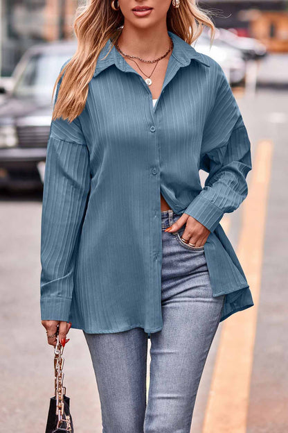 Lapel Button Up Back Tie Up Blouse