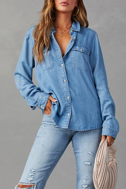 Long Sleeve Button-Up Denim Blouse