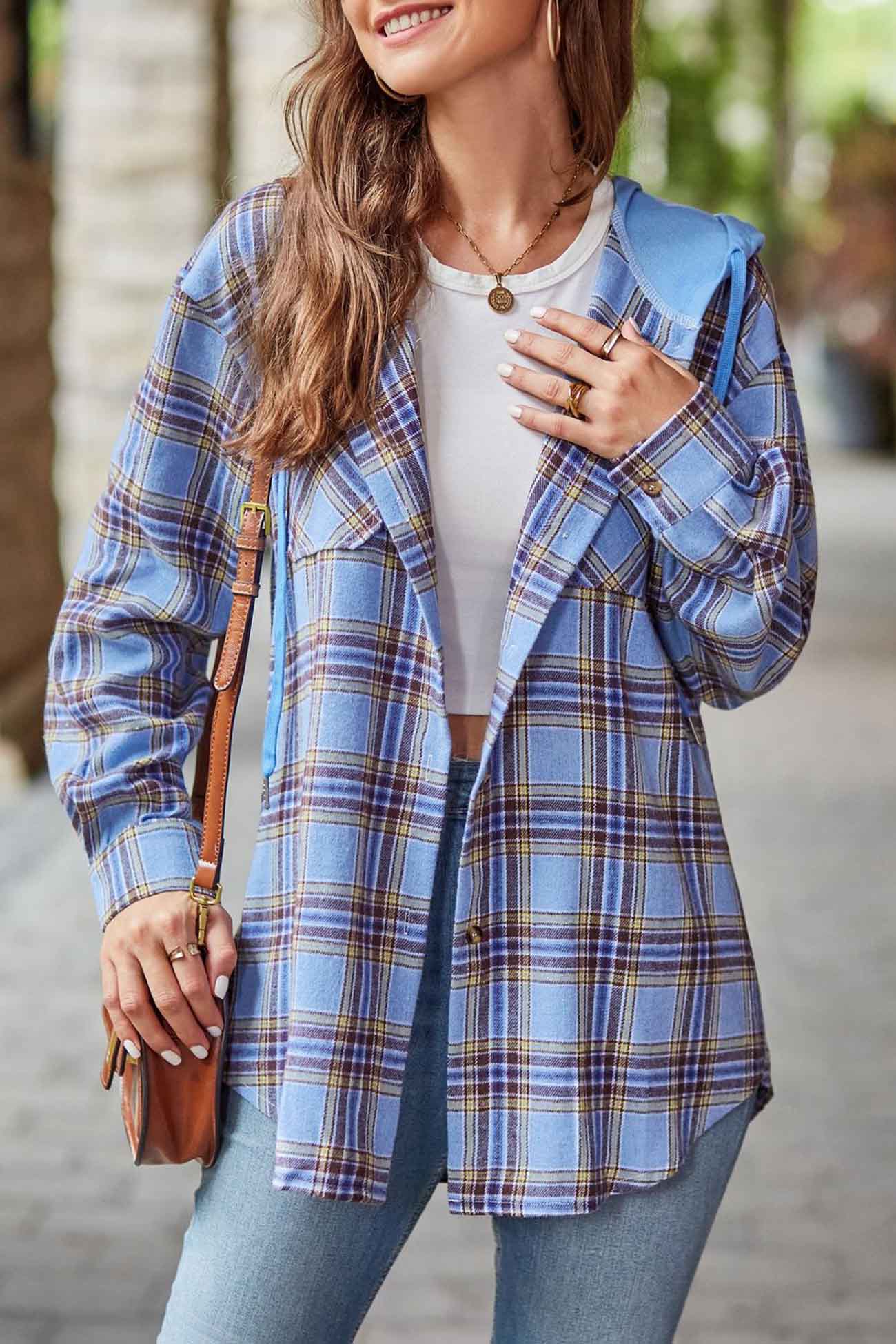 Hooded Plaid Button Up Blouse